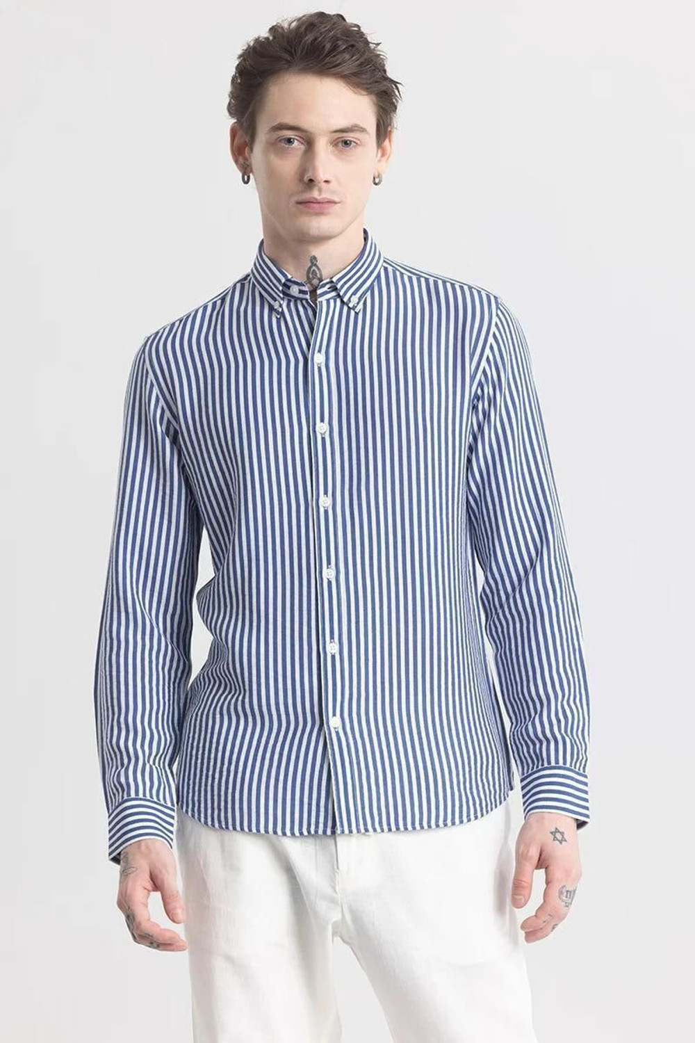 Image of DivaNX Men Striped Casual White, Blue Shirt