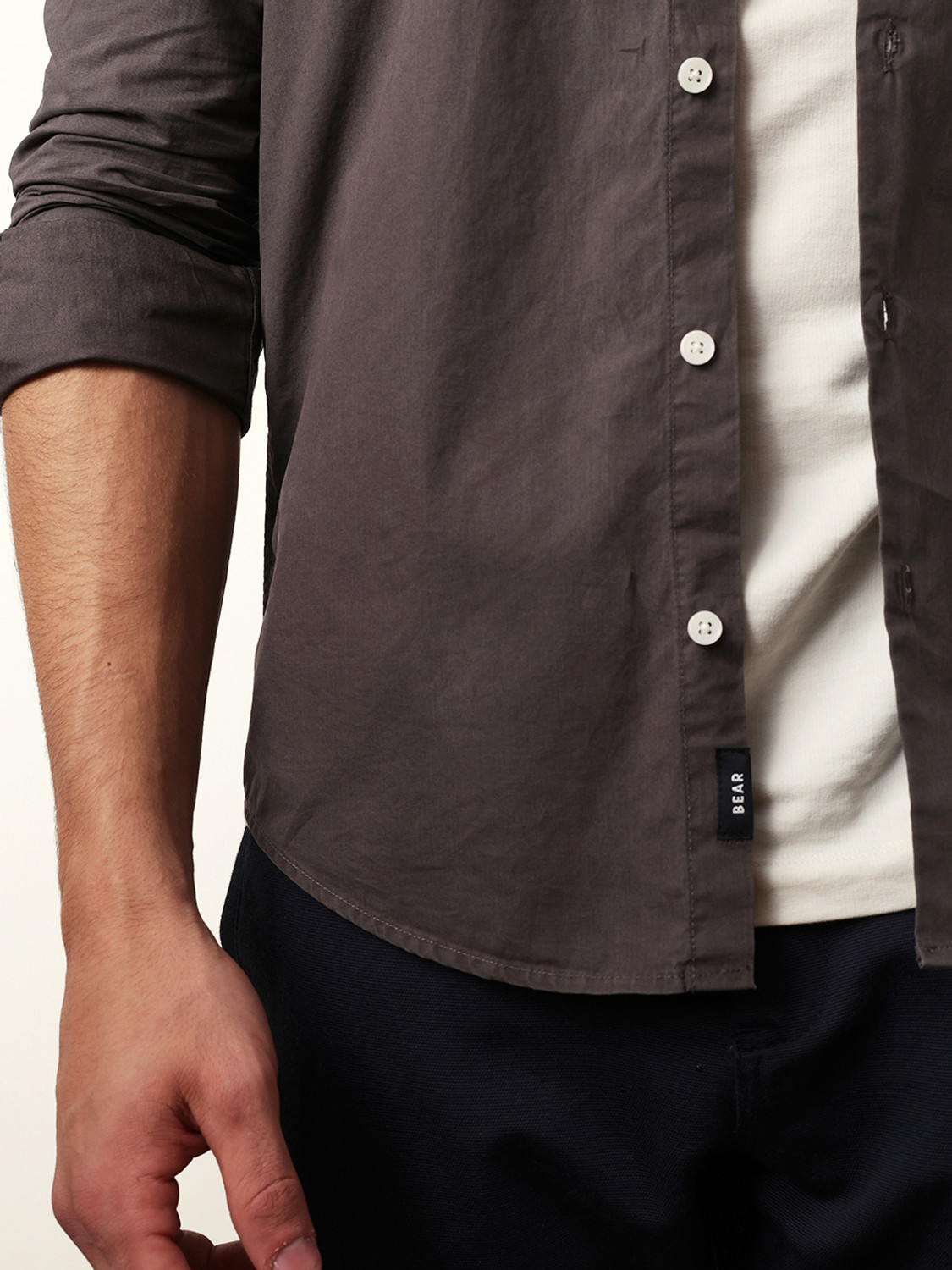 Image of THE BEAR HOUSE Men Solid Casual Grey Shirt