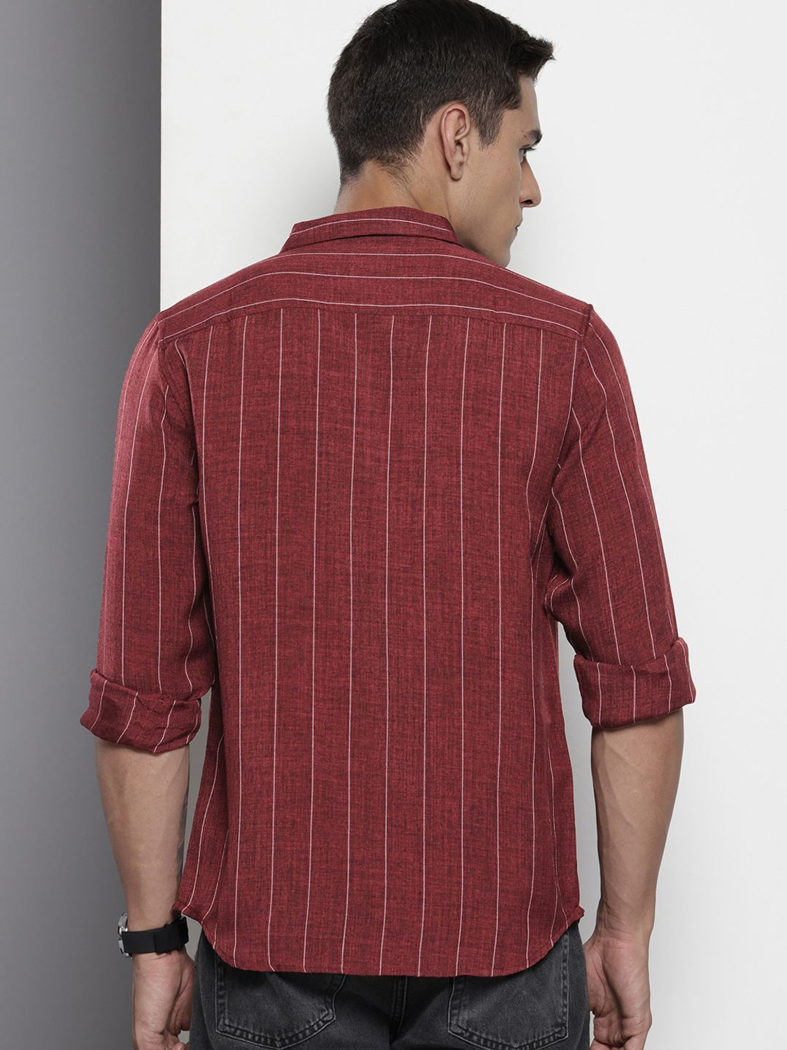 Image of The Indian Garage Co. Men Striped Casual Maroon Shirt