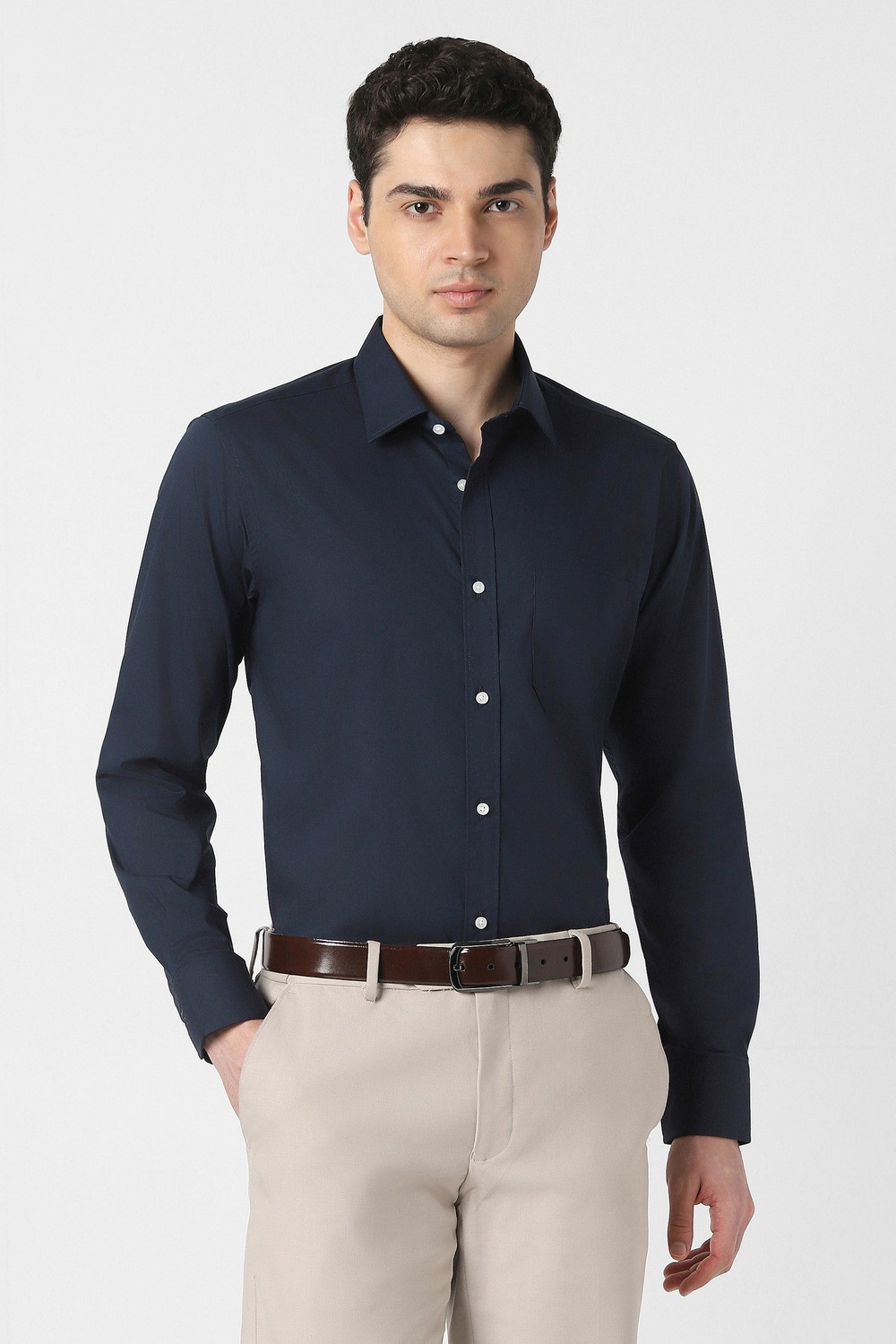Image of PETER ENGLAND Men Solid Formal Dark Blue Shirt