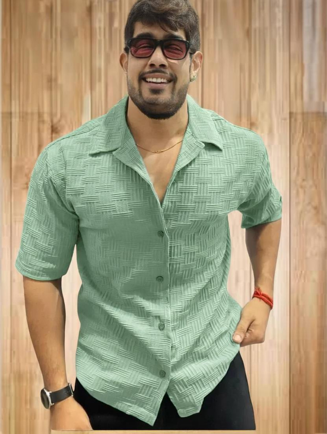 Image of DEARISE Men Self Design Casual Light Green Shirt
