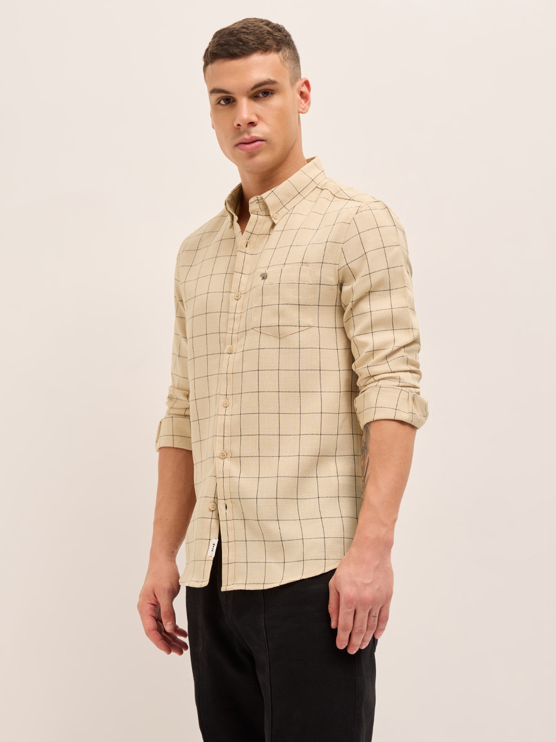 Image of THE BEAR HOUSE Men Checkered Casual Cream Shirt