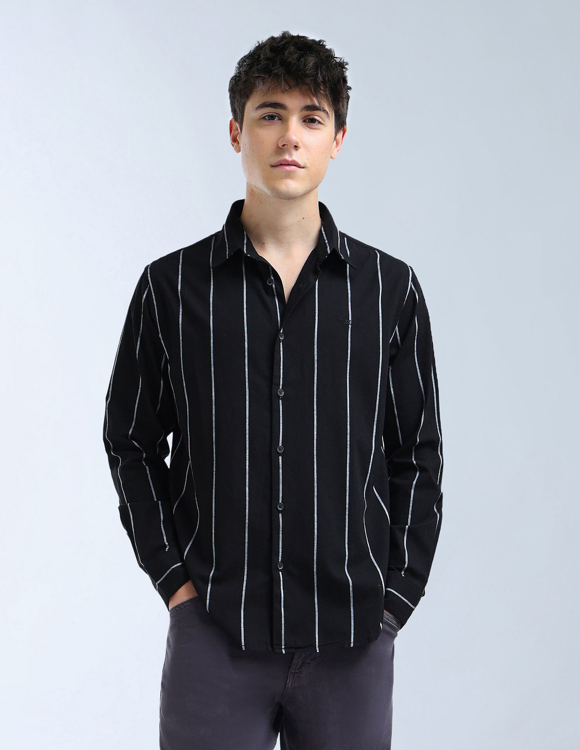 Image of FLYING MACHINE Men Striped Casual Black Shirt