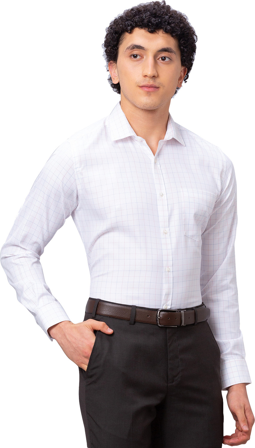 Image of PARK AVENUE Men Checkered Formal White Shirt