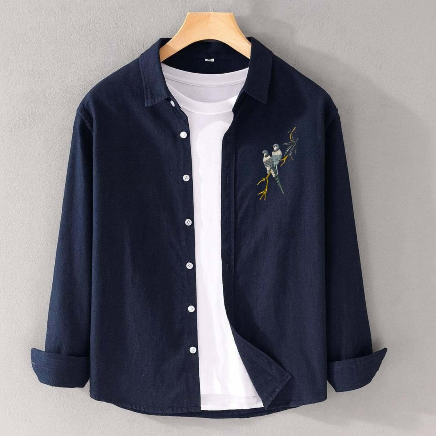 DLooK Designer Men Embroidered Dark Blue Shirt
