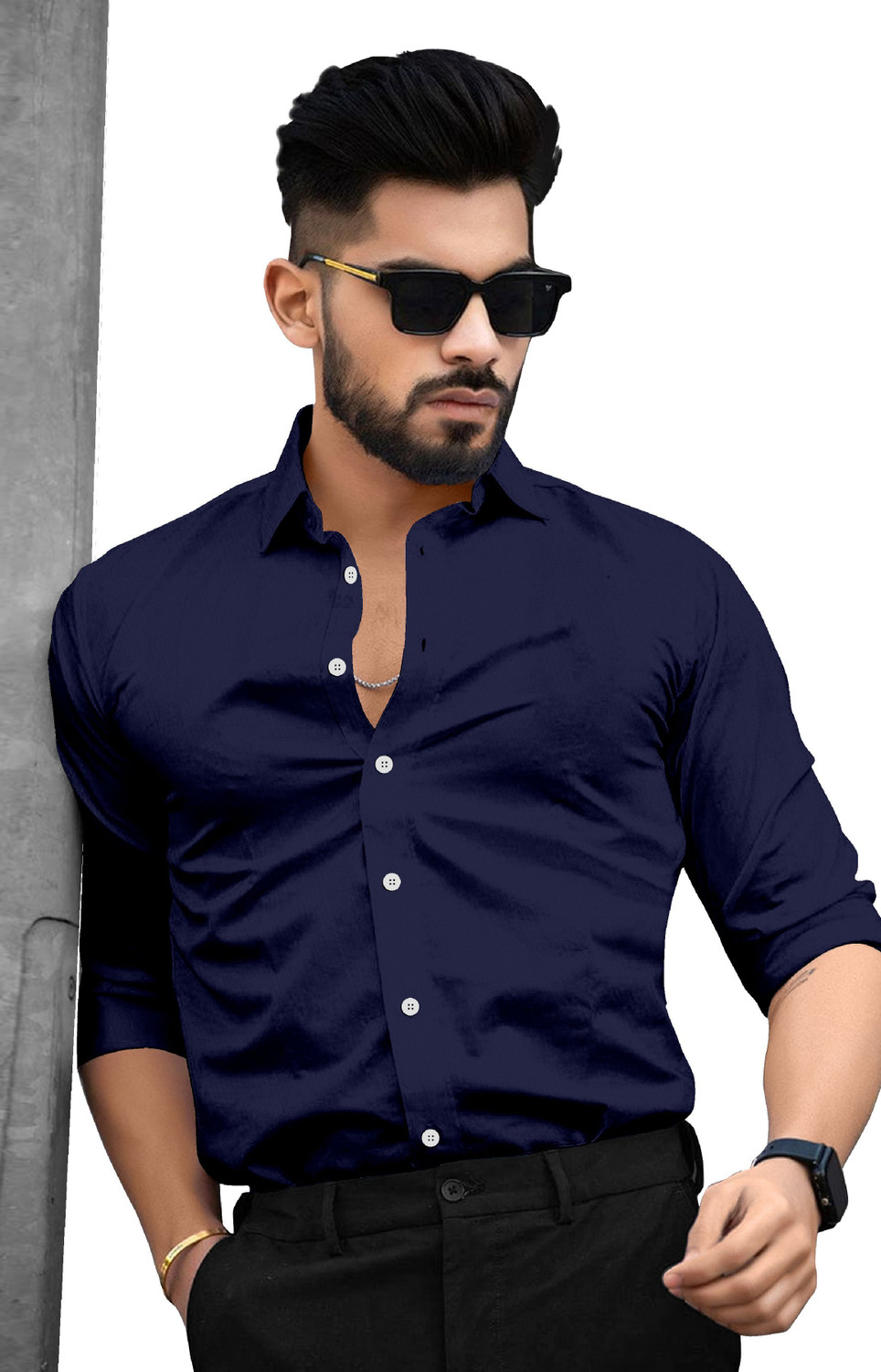 Image of SAADIWALA Men Solid Casual Dark Blue, Brown Shirt