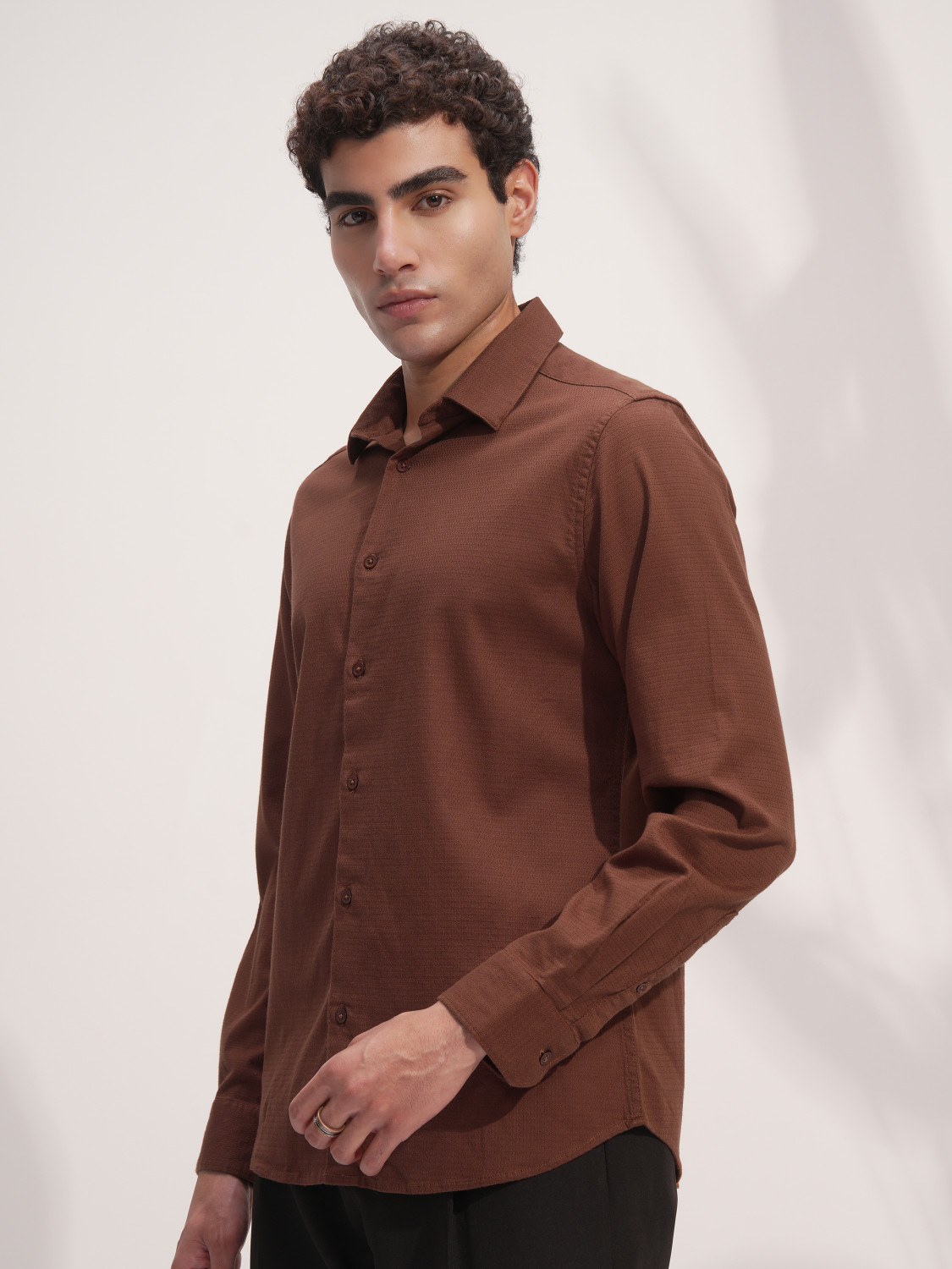 Image of HIGHLANDER Men Solid Casual Brown Shirt