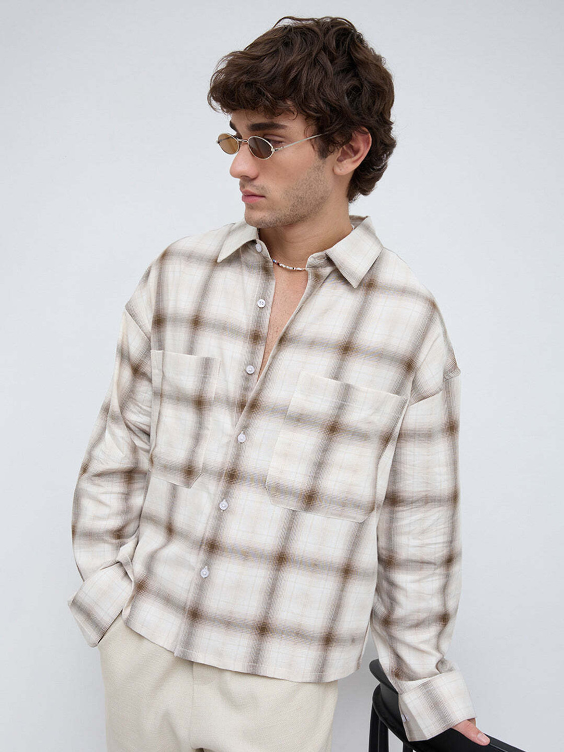 Image of VASTRADO Men Checkered Casual Beige Shirt