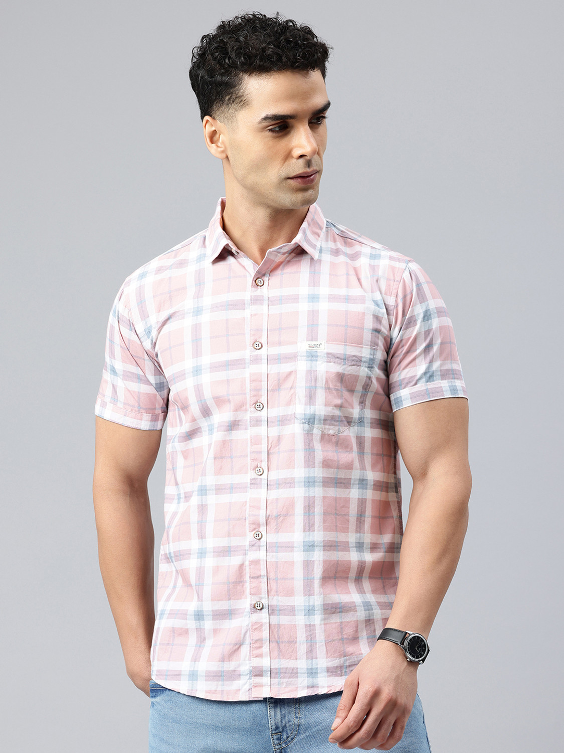 Image of Majestic Man Men Checkered Casual Pink Shirt