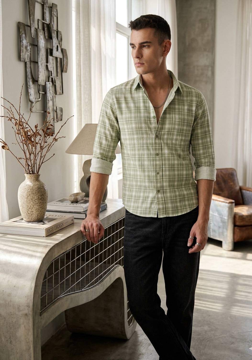 Roadster Men Checkered Casual Light Green Shirt - Image 5