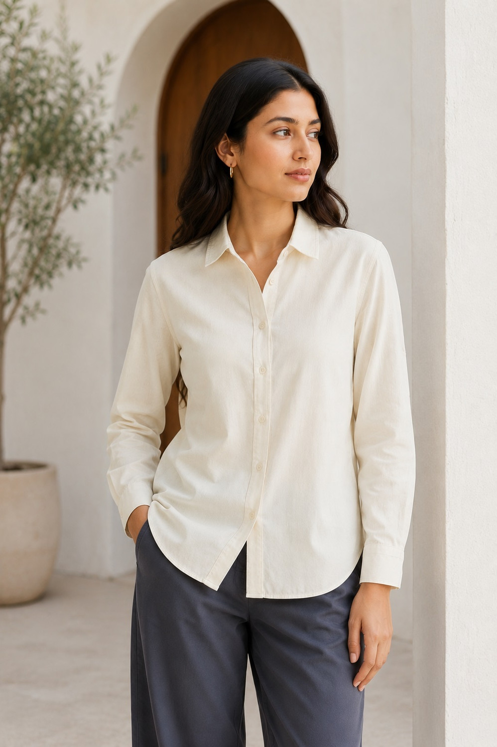Image of VIMUHET Women Solid Casual Cream Shirt