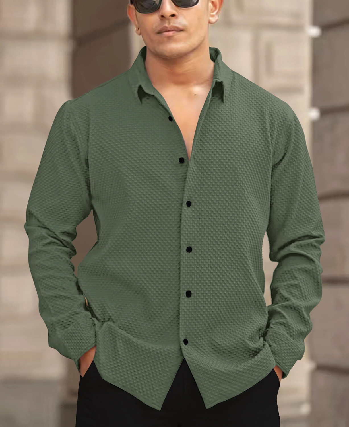 Image of AANKLAR Men Self Design Casual Green Shirt