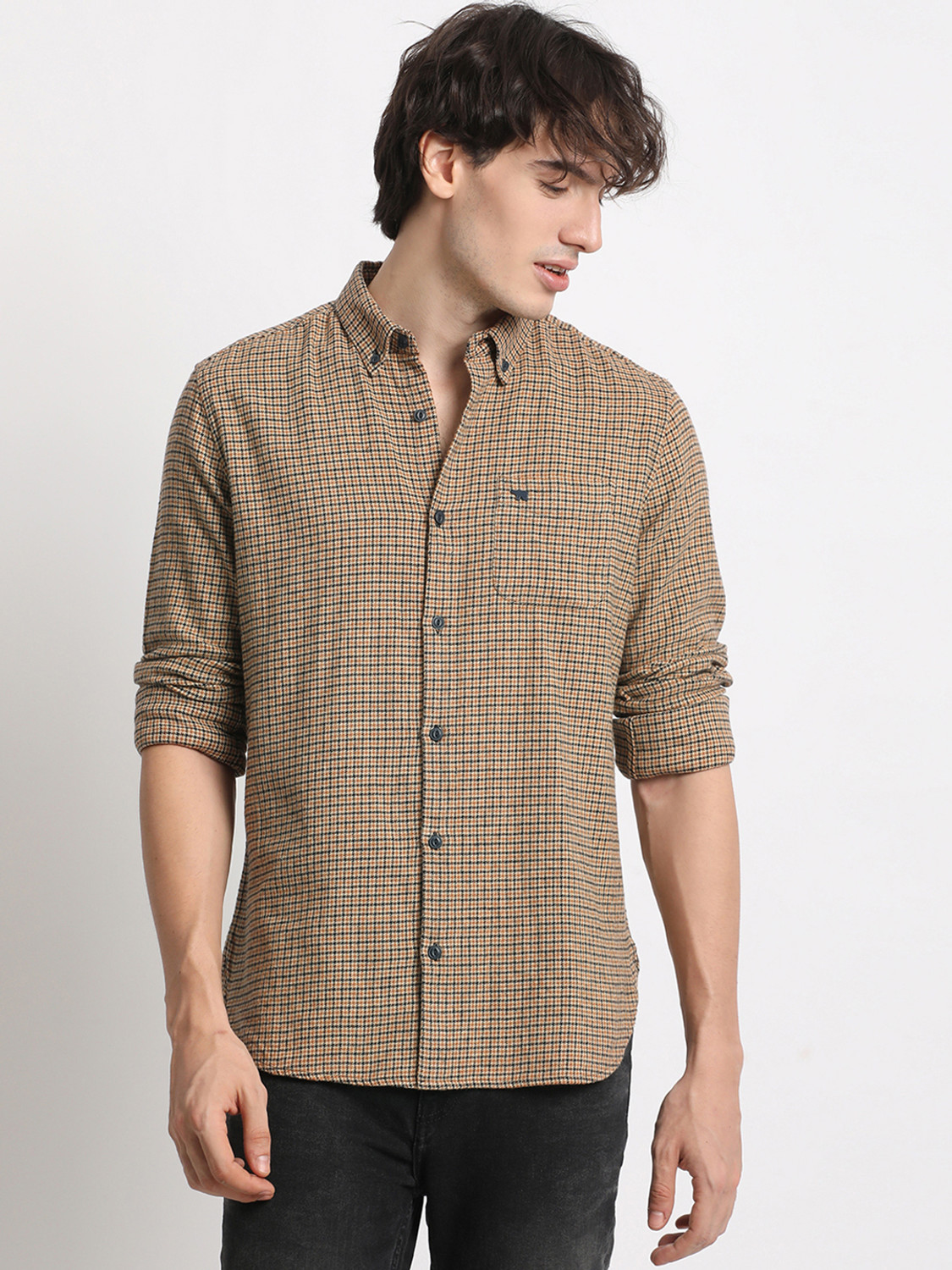 Image of THE BEAR HOUSE Men Checkered Casual Yellow Shirt