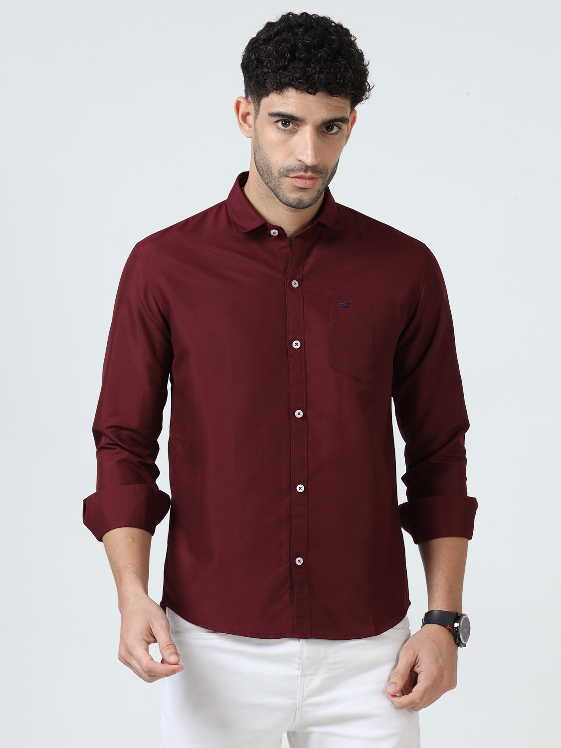 Image of RESERIO Men Solid Casual Maroon Shirt