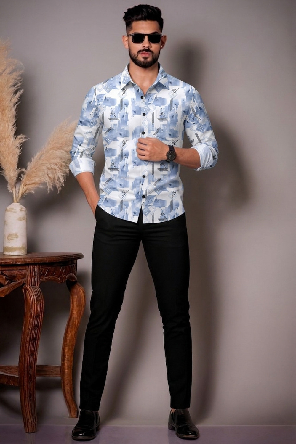 Image of RUHISHVA FASHION Men Printed Casual Blue, Light Blue Shirt