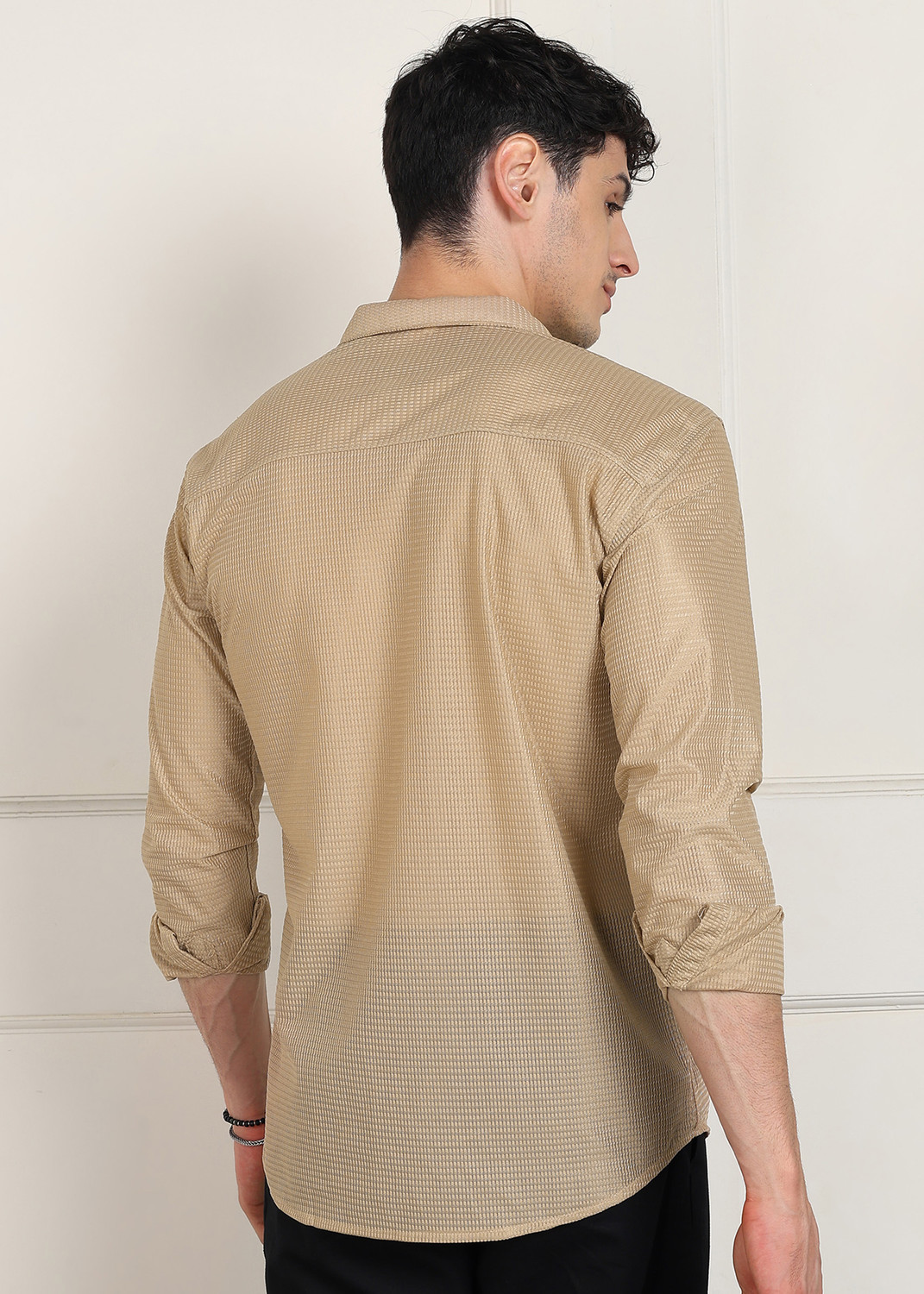 Image of GLOREN Men Solid Casual Beige Shirt
