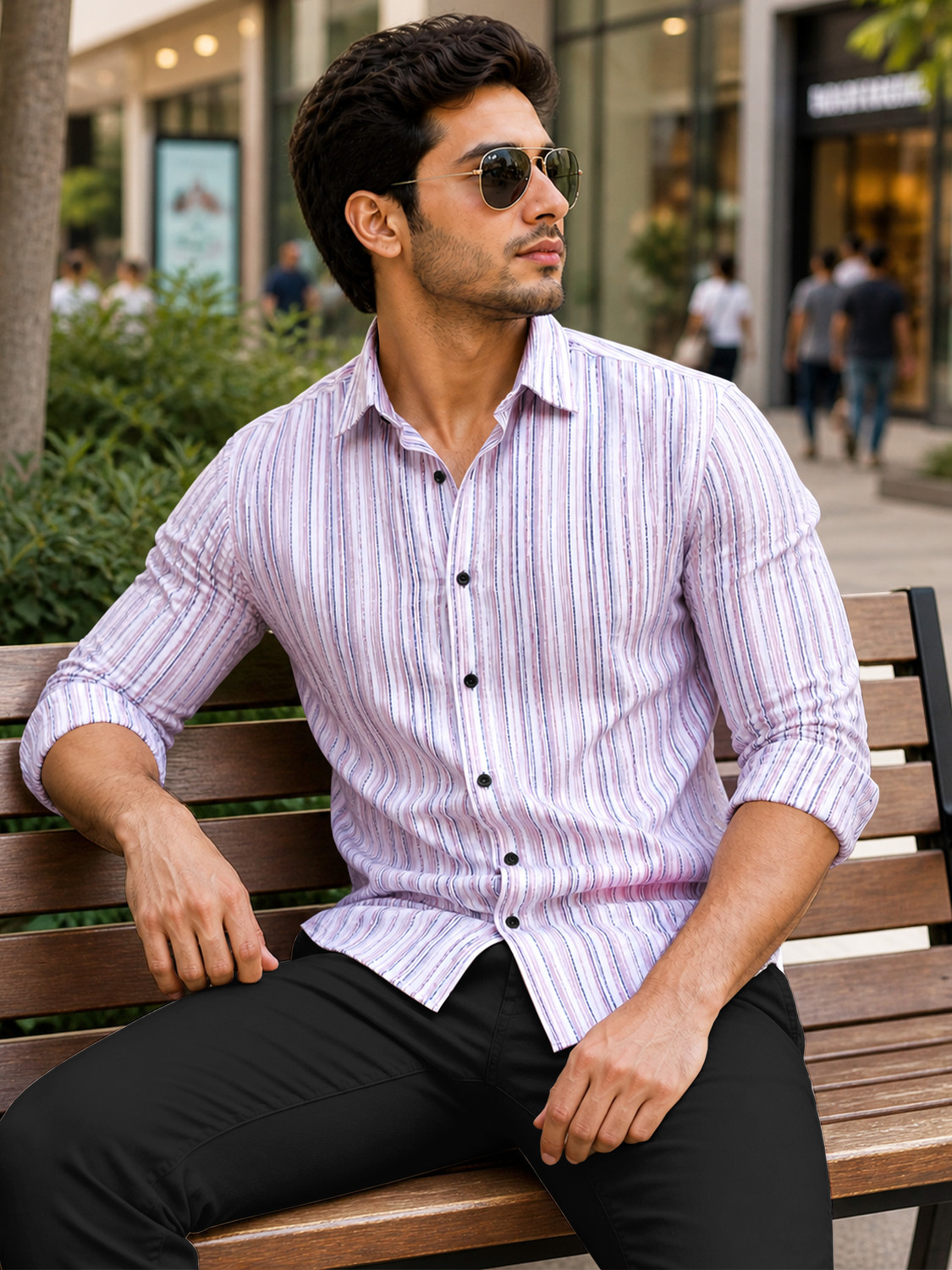 Image of VeBNoR Men Striped Casual Pink Shirt