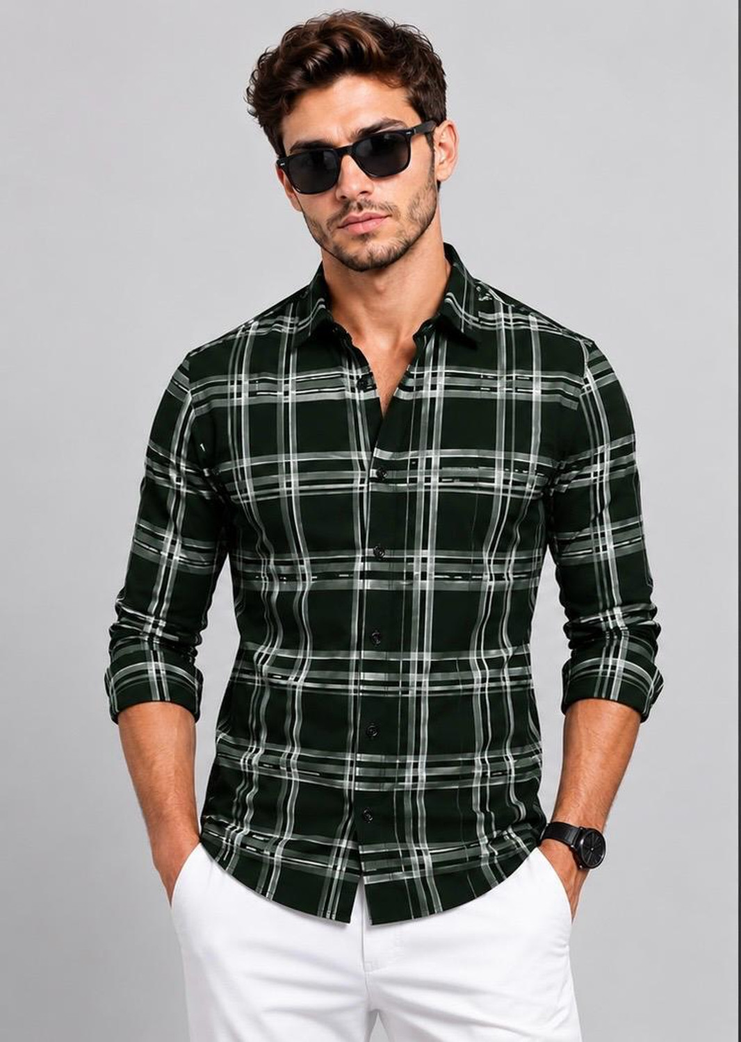 Image of RadhiFaishon Men Checkered Formal Dark Green Shirt