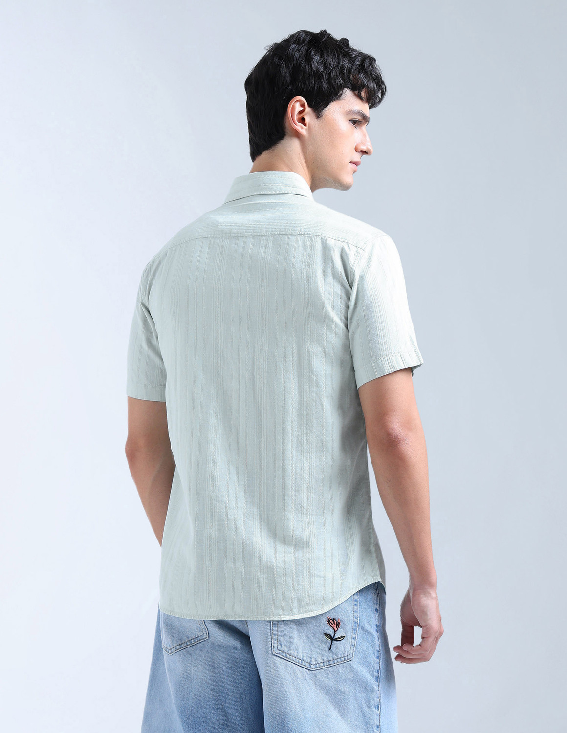 Image of FLYING MACHINE Men Self Design Casual Green Shirt