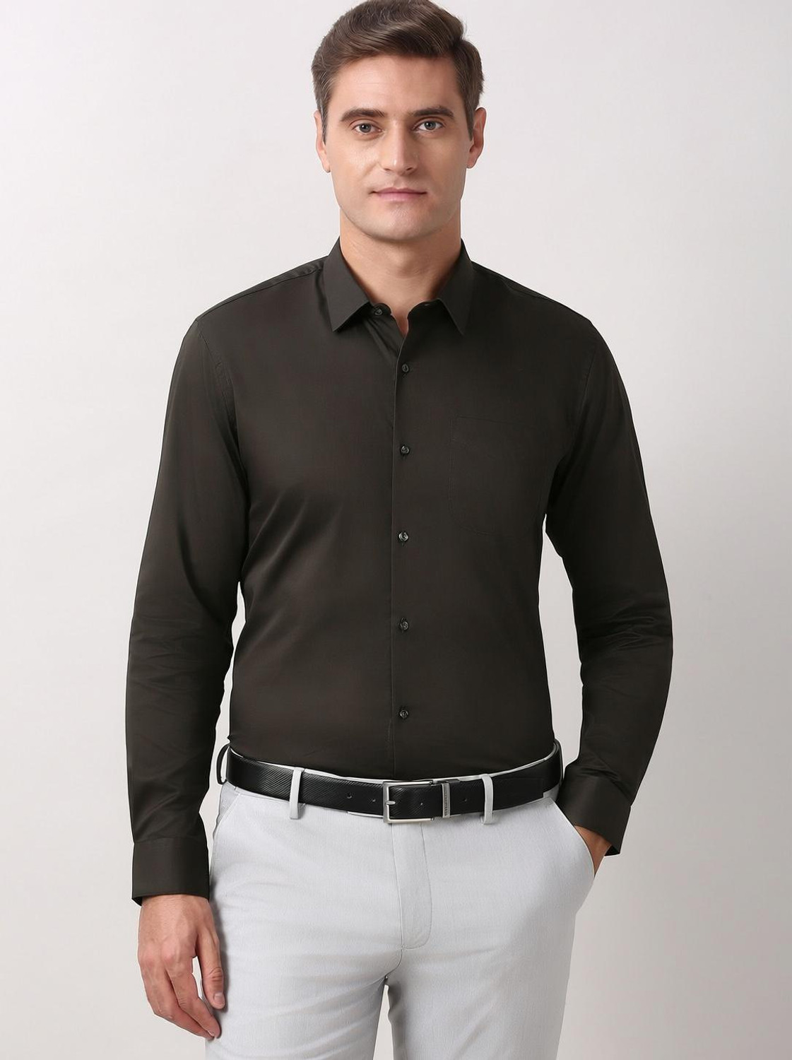 Image of PETER ENGLAND Men Solid Formal Brown Shirt