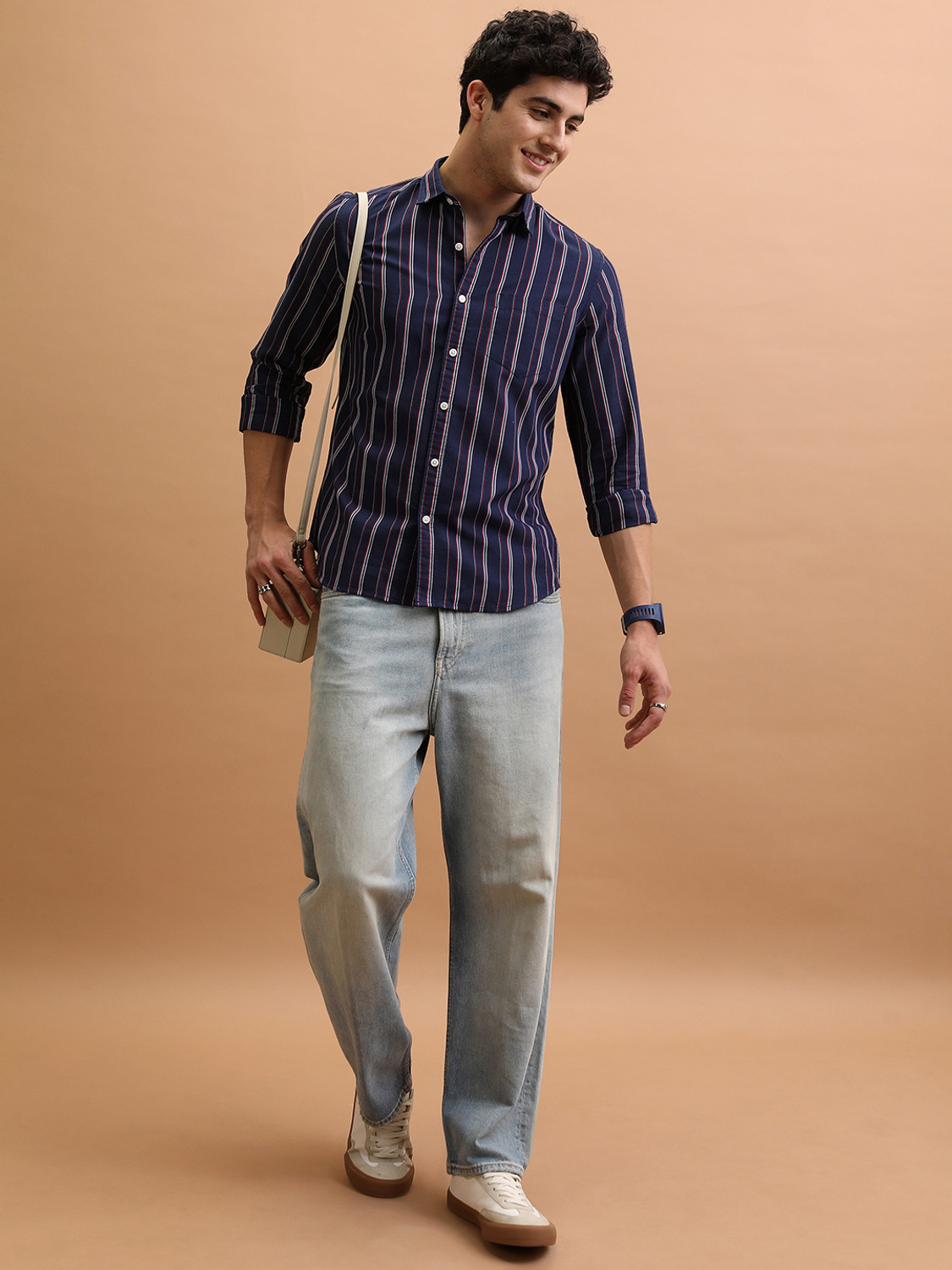Image of HIGHLANDER Men Striped Casual Dark Blue, White, Red Shirt