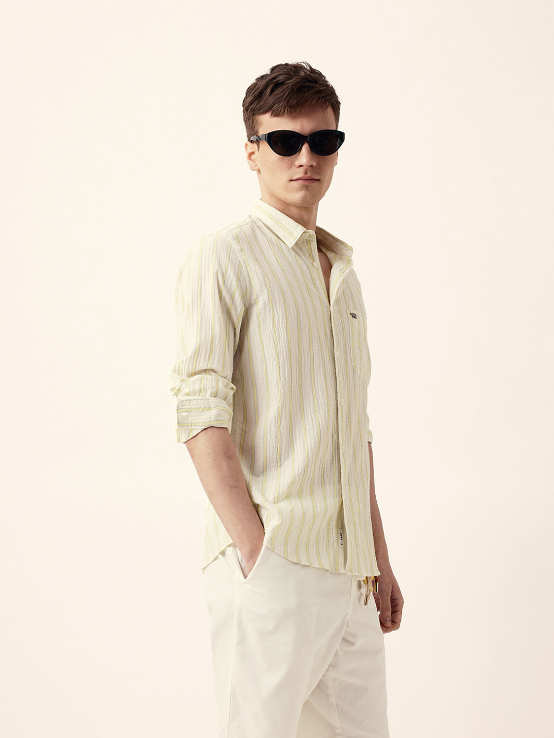 Image of THE BEAR HOUSE Men Striped Casual Yellow Shirt
