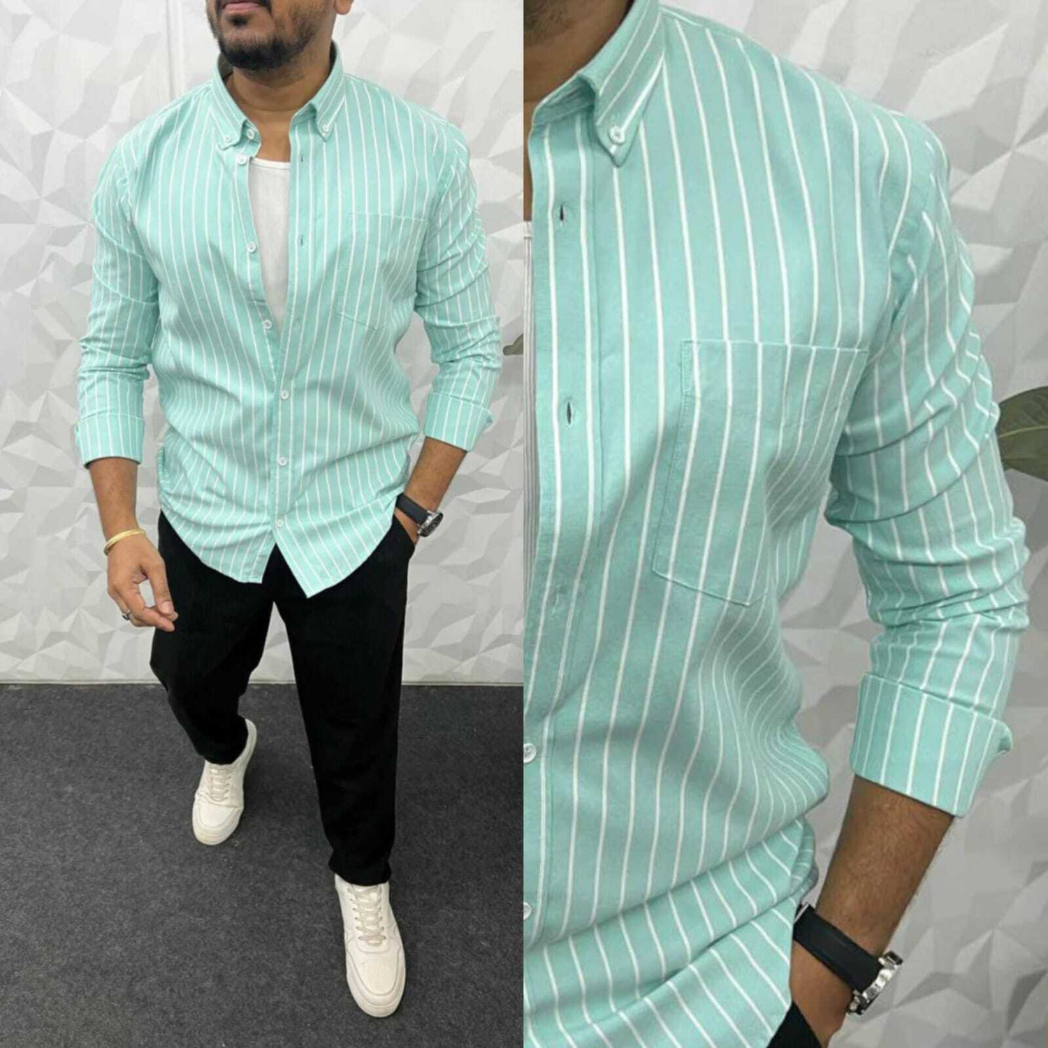 Image of CROWNEDLION Men Striped Casual Light Blue Shirt