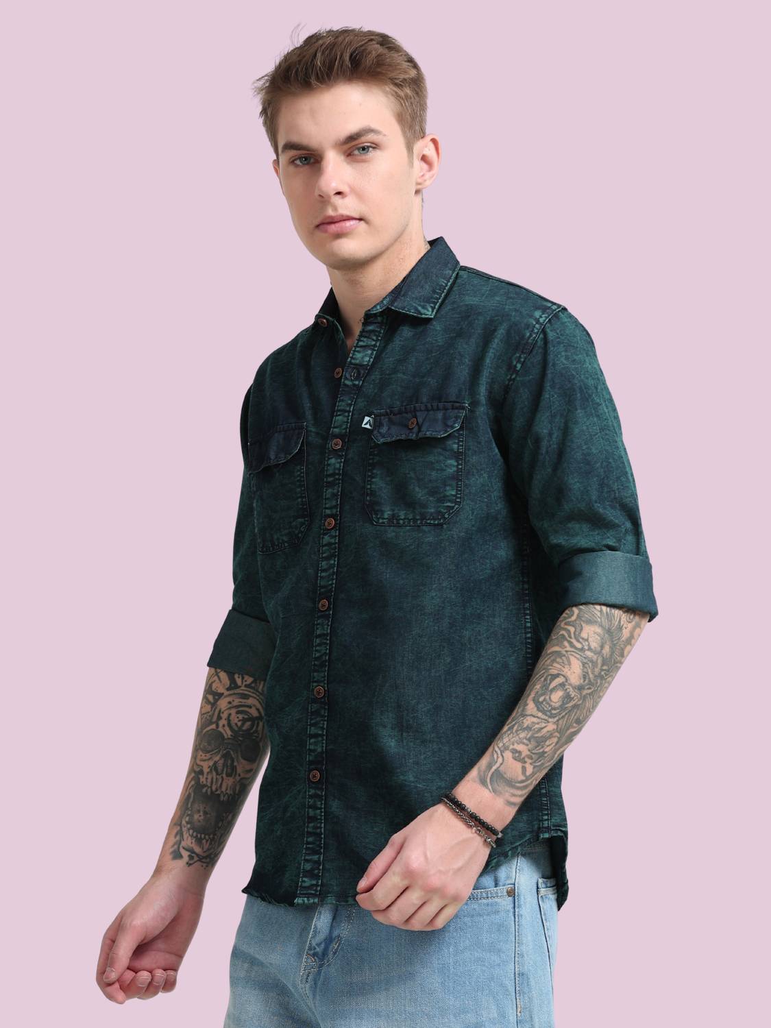 AIDAN Paul Men Washed Casual Green Shirt - Image 3