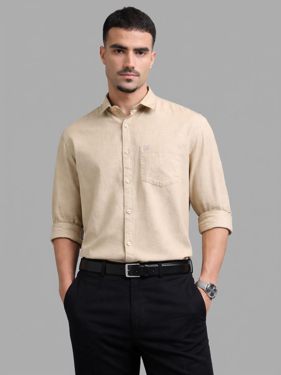 Image of U.S. Pitchers Men Solid Formal Beige Shirt