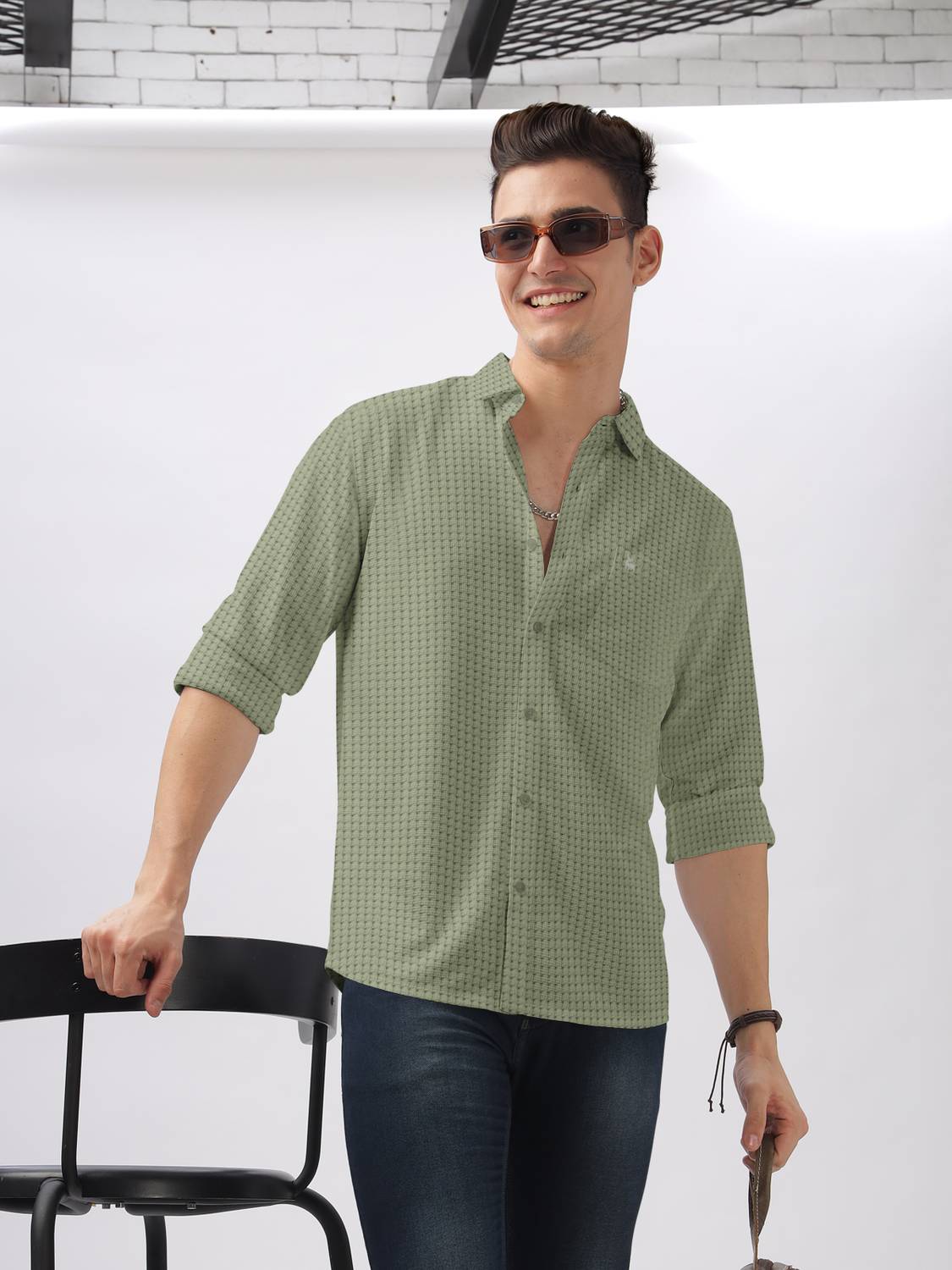Bullmer Men Self Design Casual Dark Green Shirt