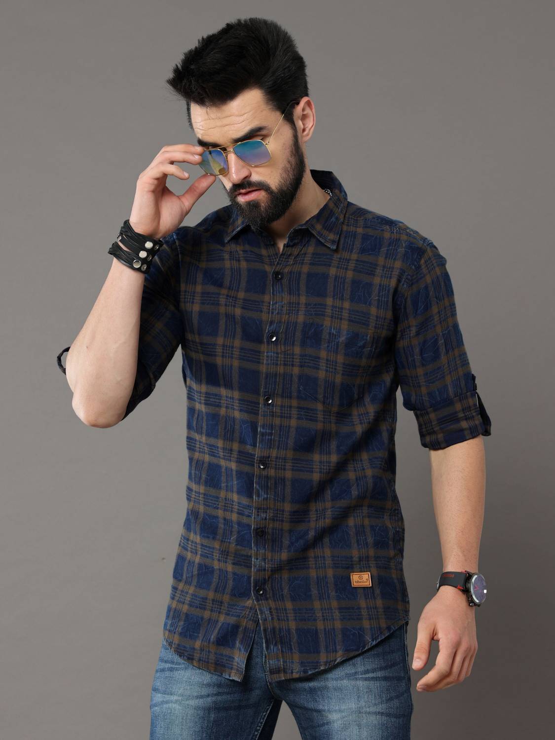 tallwalker Men Checkered Casual Blue, Brown Shirt - Image 1