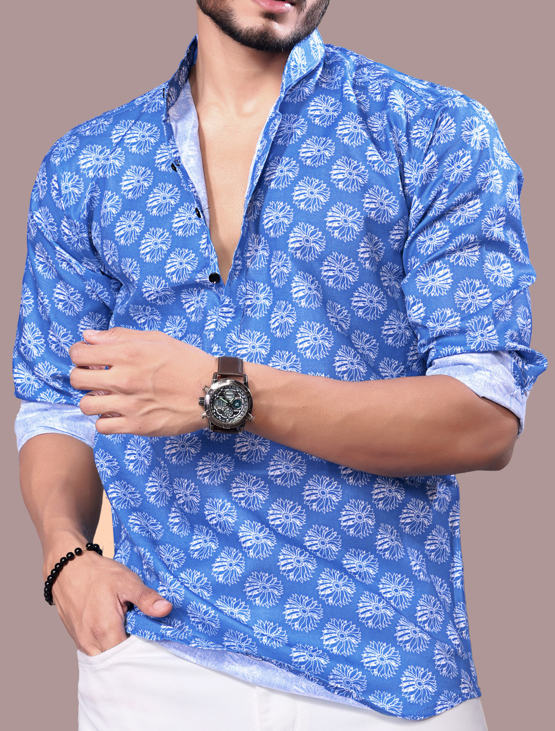Image of Varidashi Men Printed Casual Blue Shirt