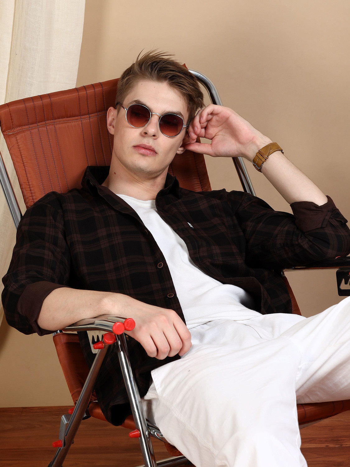 Image of ALLWIN PAUL Men Checkered Casual Brown Shirt