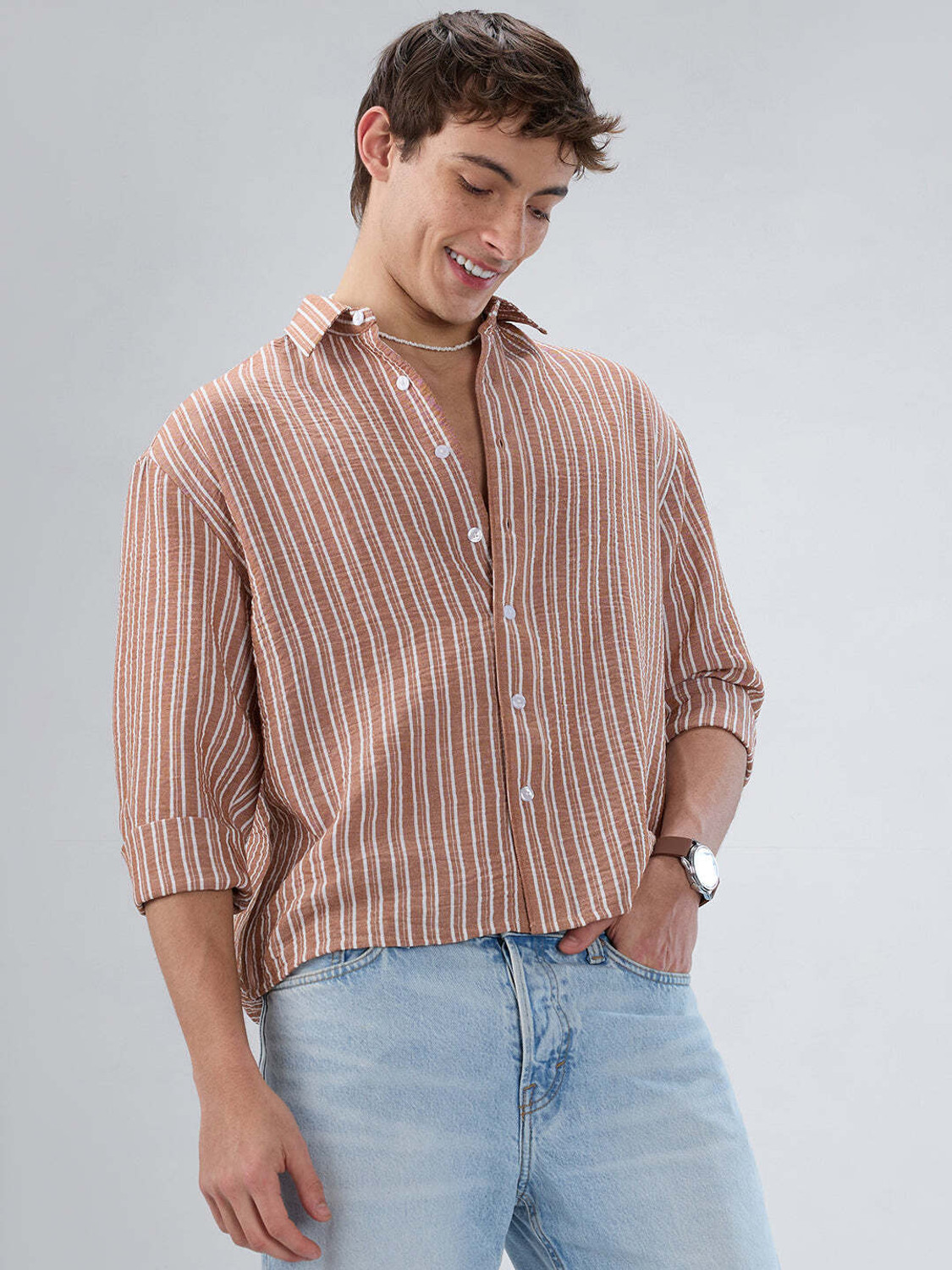 Image of VASTRADO Men Striped Casual Brown Shirt