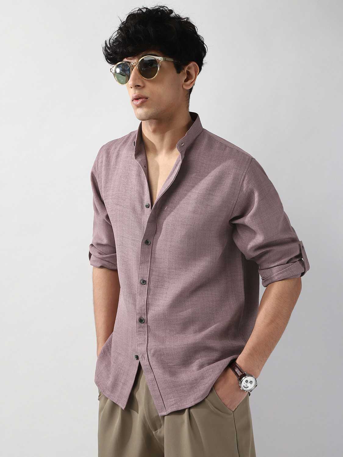 Image of Urbano Fashion Men Solid Casual Purple Shirt