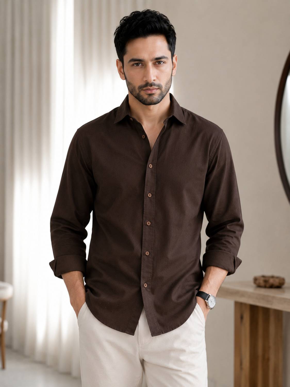 BROCON Men Solid Casual Brown Shirt