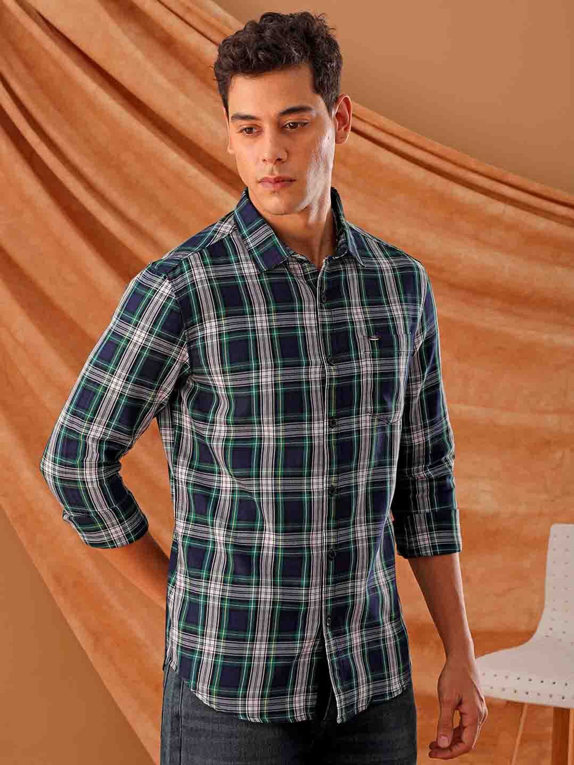 Image of The Indian Garage Co. Men Checkered Casual Blue Shirt