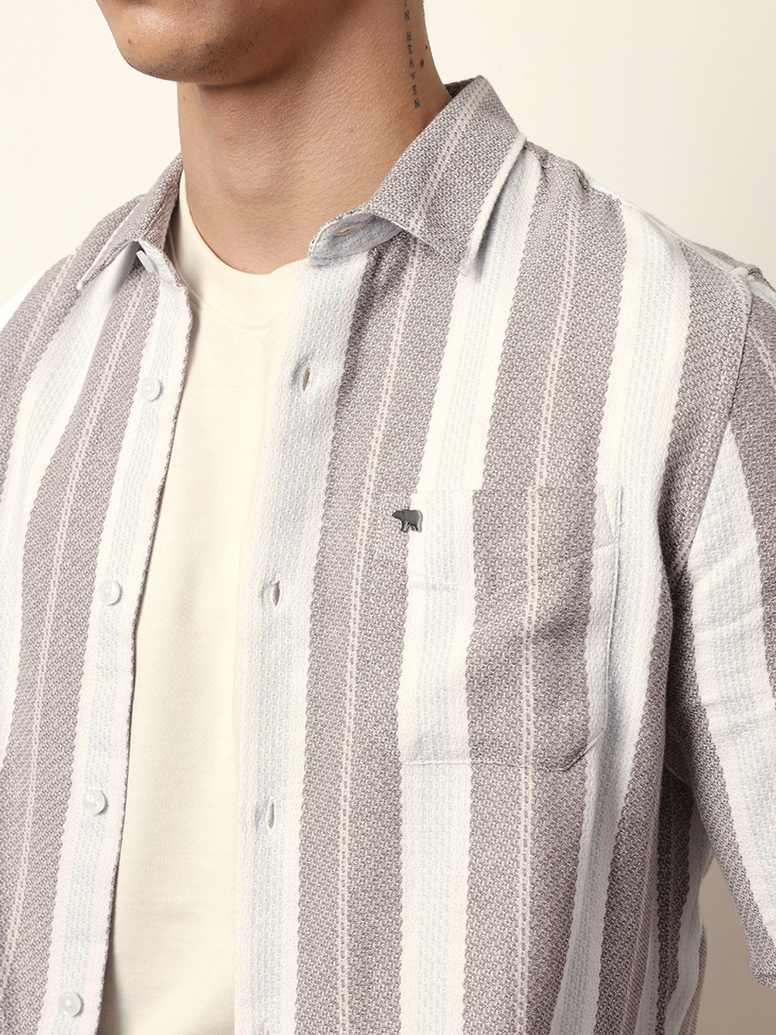 Image of THE BEAR HOUSE Men Striped Casual Grey Shirt