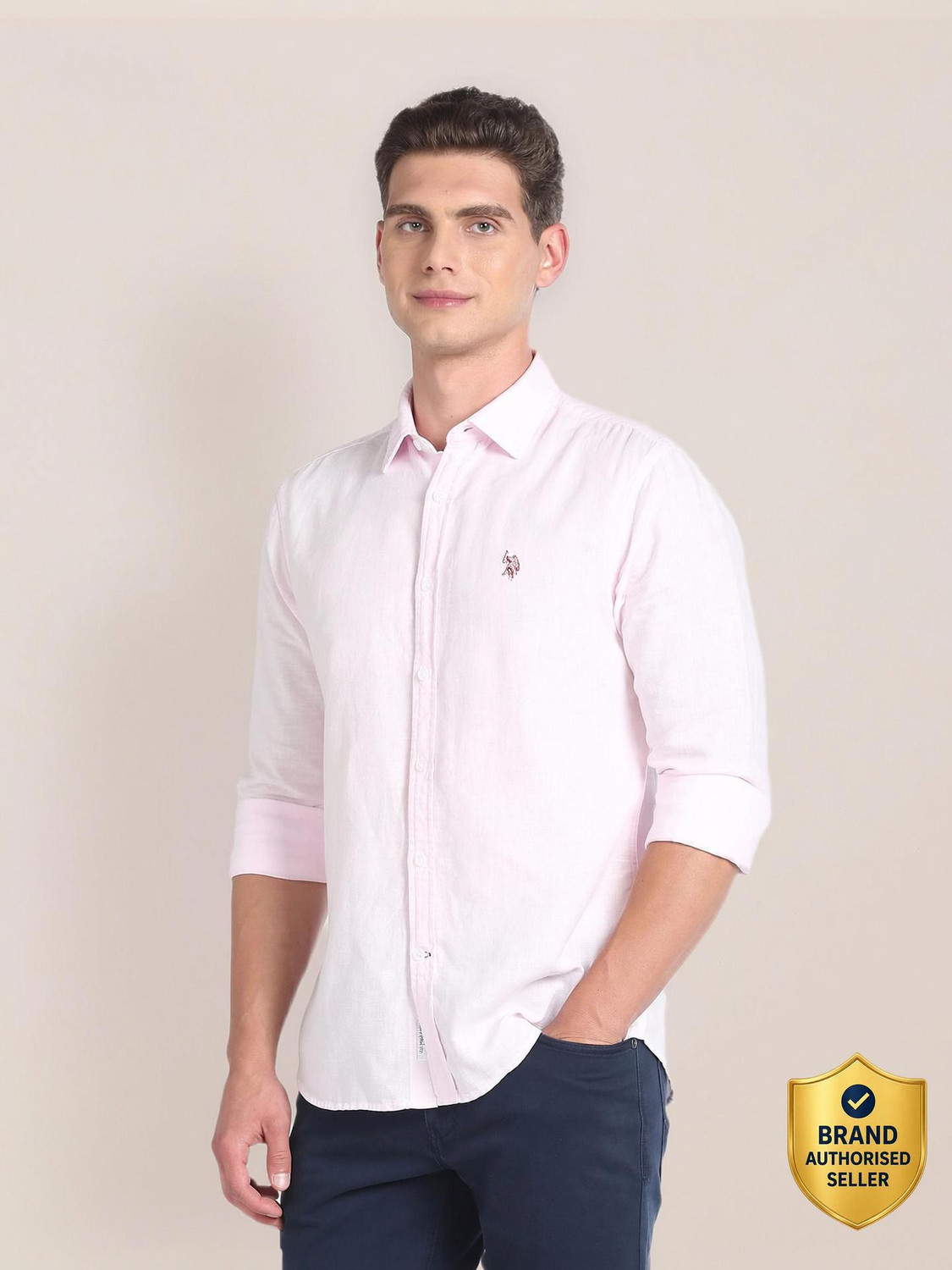 Image of U.S. POLO ASSN. Men Solid Casual Pink Shirt