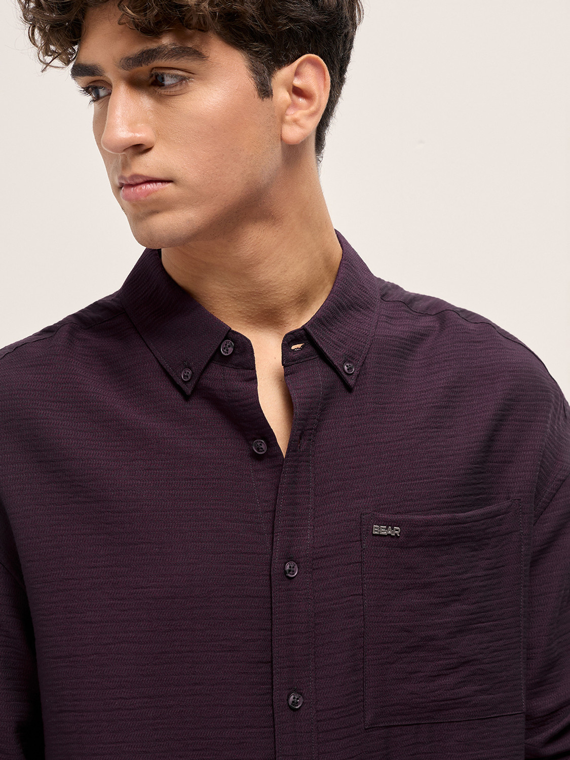 Image of THE BEAR HOUSE Men Self Design Casual Purple Shirt
