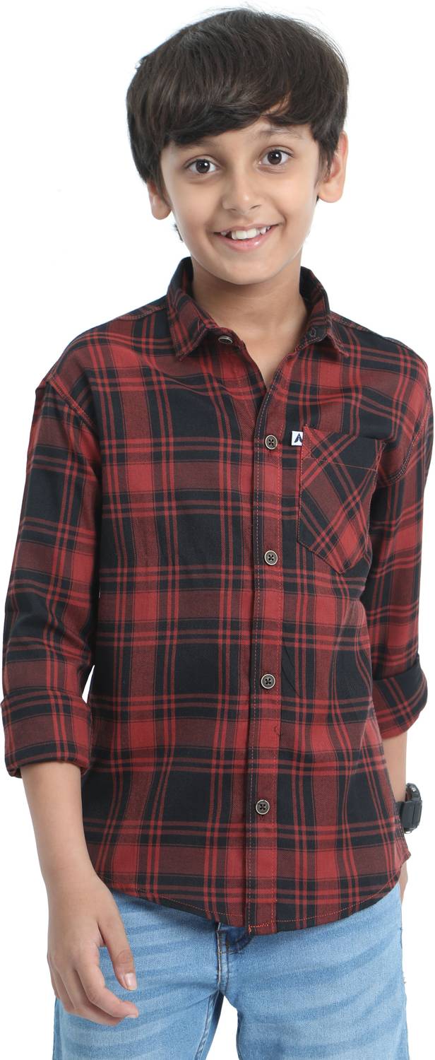 ALLWIN PAUL Boys Checkered Casual Maroon, Black Shirt