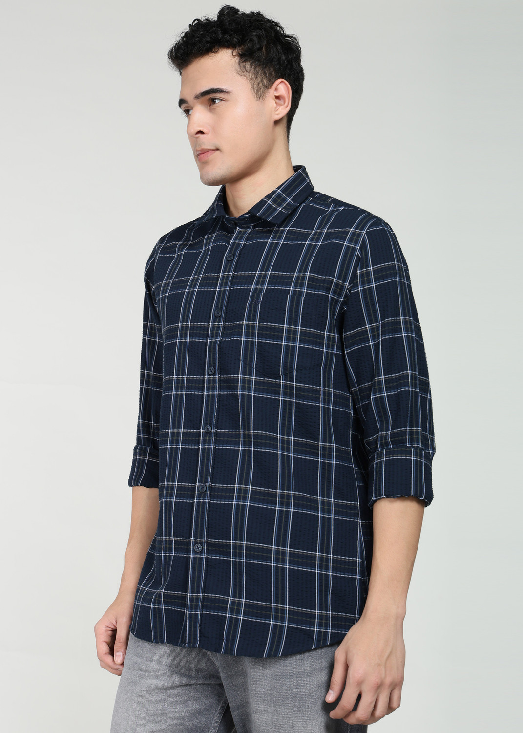 Image of PETER ENGLAND Men Checkered Casual Blue Shirt