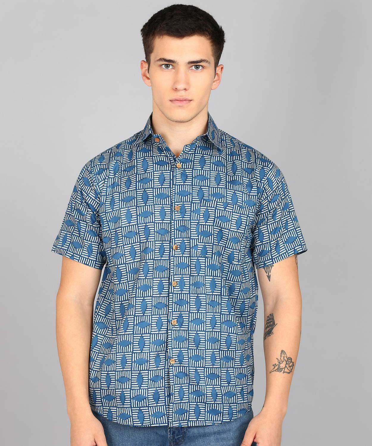 Blocks Of India Men Printed Casual Blue, White Shirt