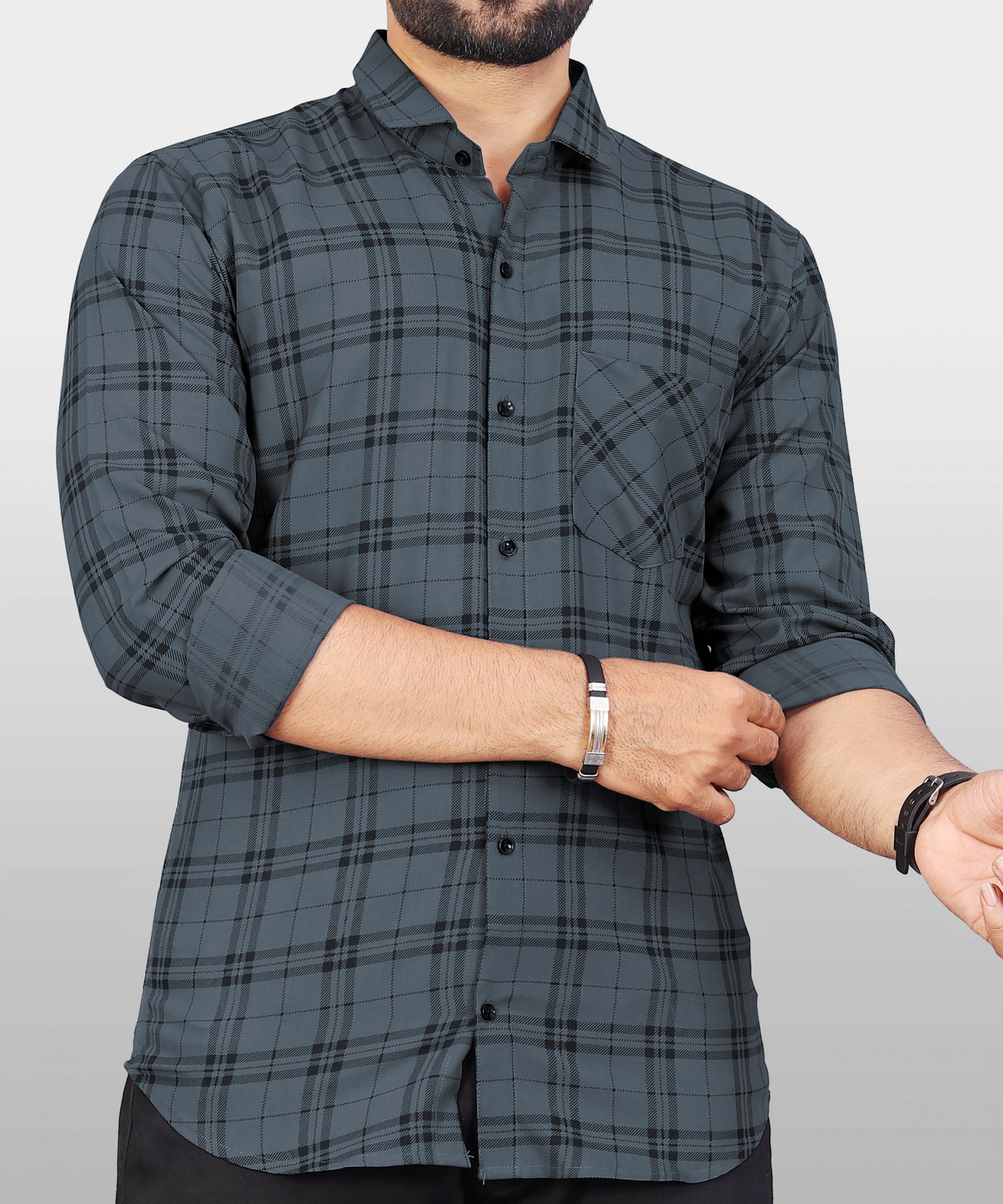 Image of HKV FASHION Men Checkered Casual Grey Shirt