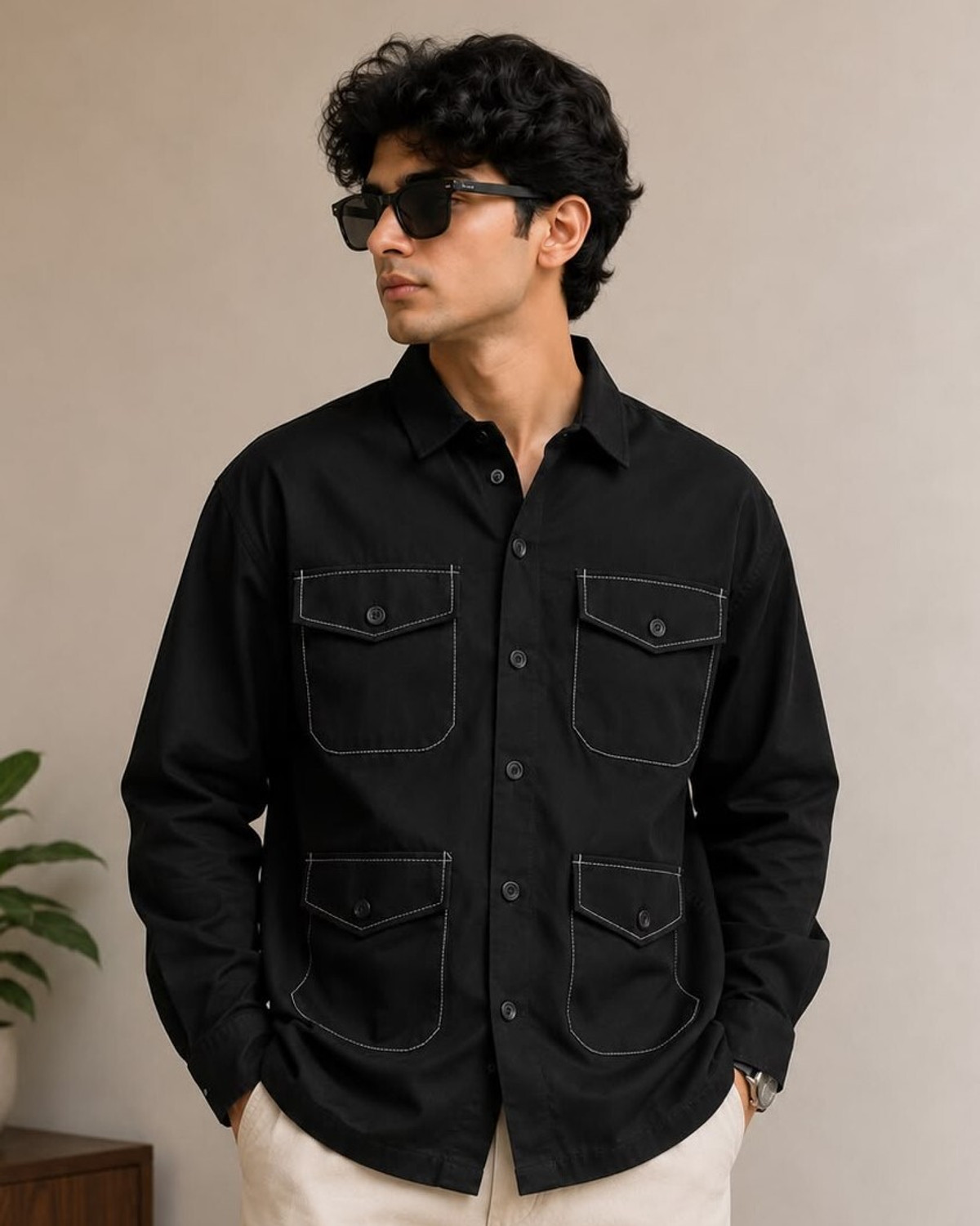 Image of Plus91 Men Solid Party Black Shirt