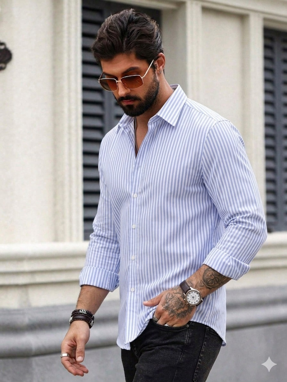 Image of METRONAUT Men Striped Casual Light Blue Shirt