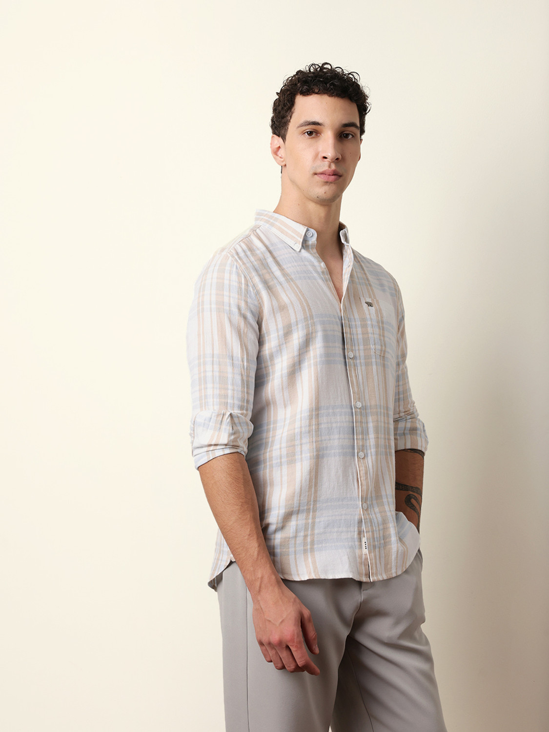 Image of THE BEAR HOUSE Men Checkered Casual White Shirt