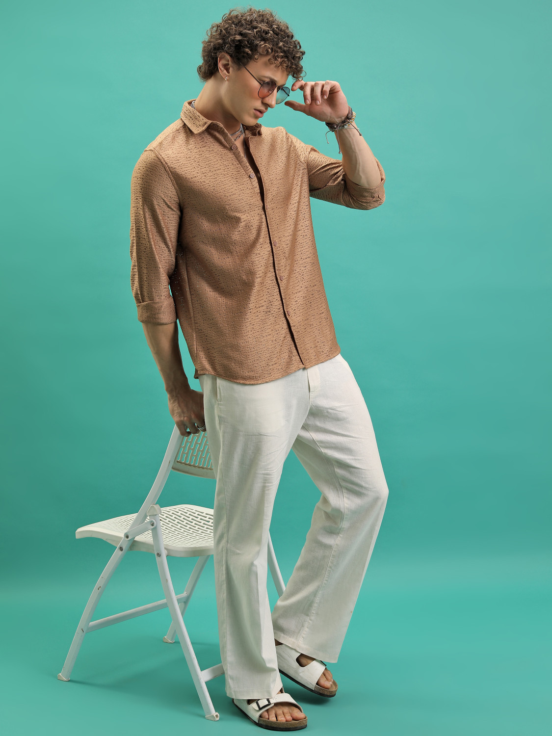 Image of HIGHLANDER Men Self Design Casual Brown Shirt