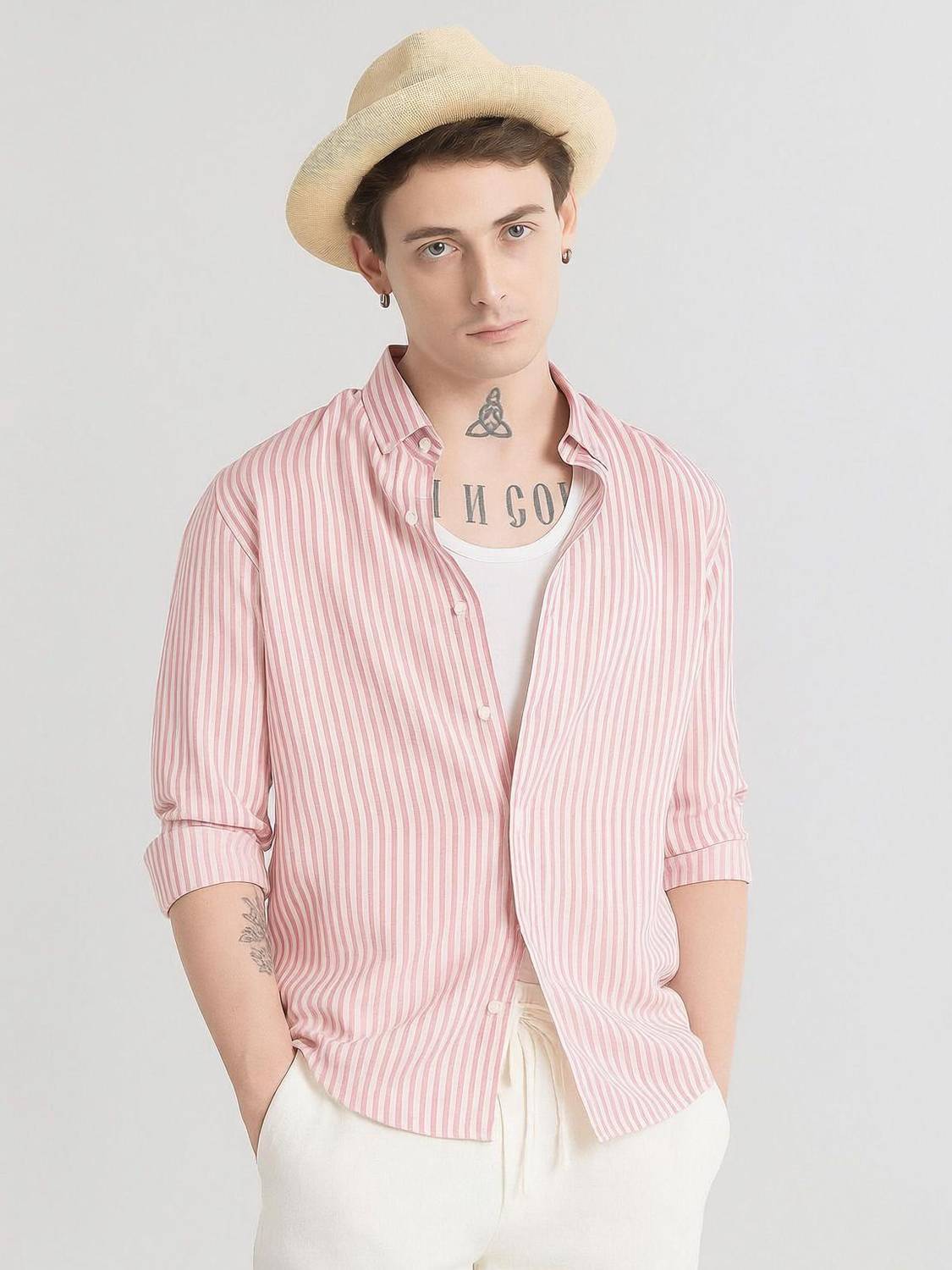 Mihit Lifestyle Men Striped Pink Shirt - Image 1