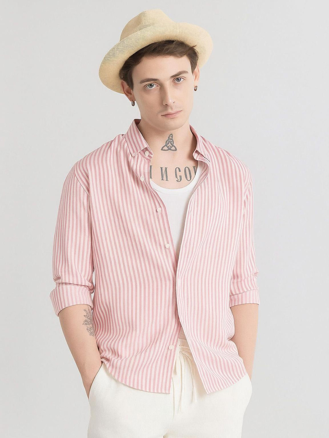Image of KRM Men Striped Casual Pink, White Shirt